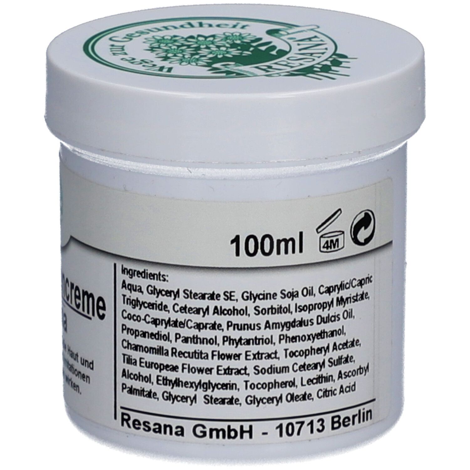 Weiße Creme-Dose mit grünem Deckel. Auf der Seite ein Etikett mit Inhaltsstoffen und 100ml.