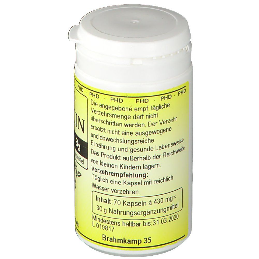 Weiße Dose mit gelbem Etikett. Aufschrift: PHD Niacin Vitamin B3. Enthält 70 Kapseln. Mindestens haltbar bis 31.03.2020. Deckel mit Klappverschluss.