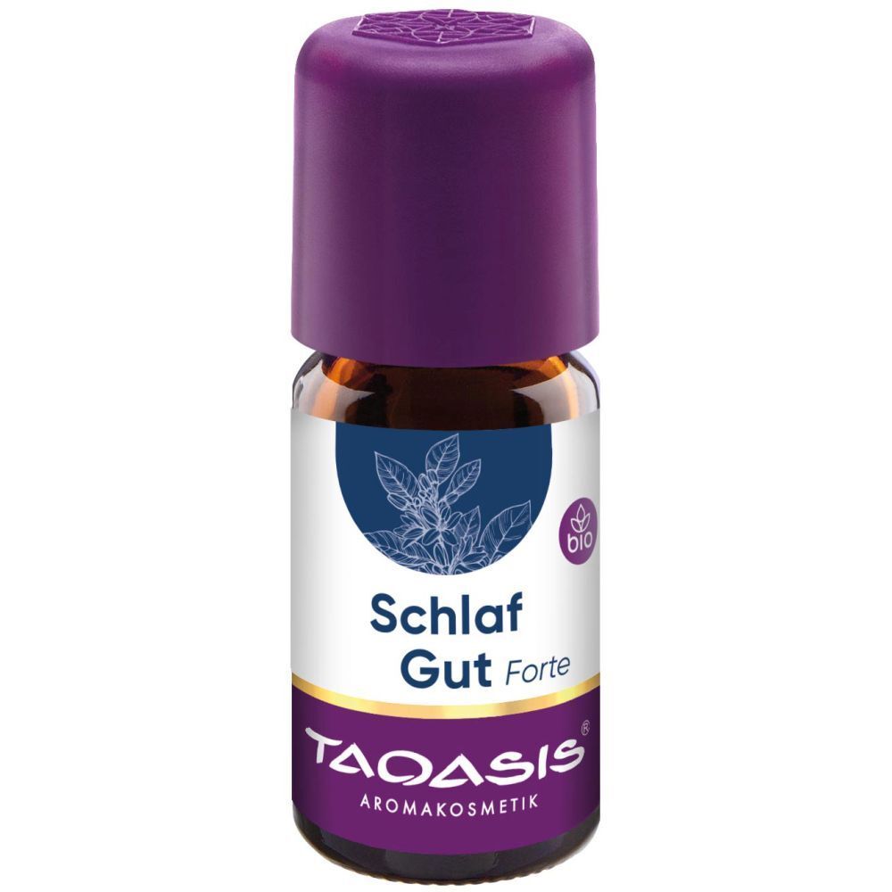 Braune Glasflasche mit lila Verschluss. Aufschrift: Schlaf Gut Forte, TAOASIS Aromakosmetik. Bio-Siegel.