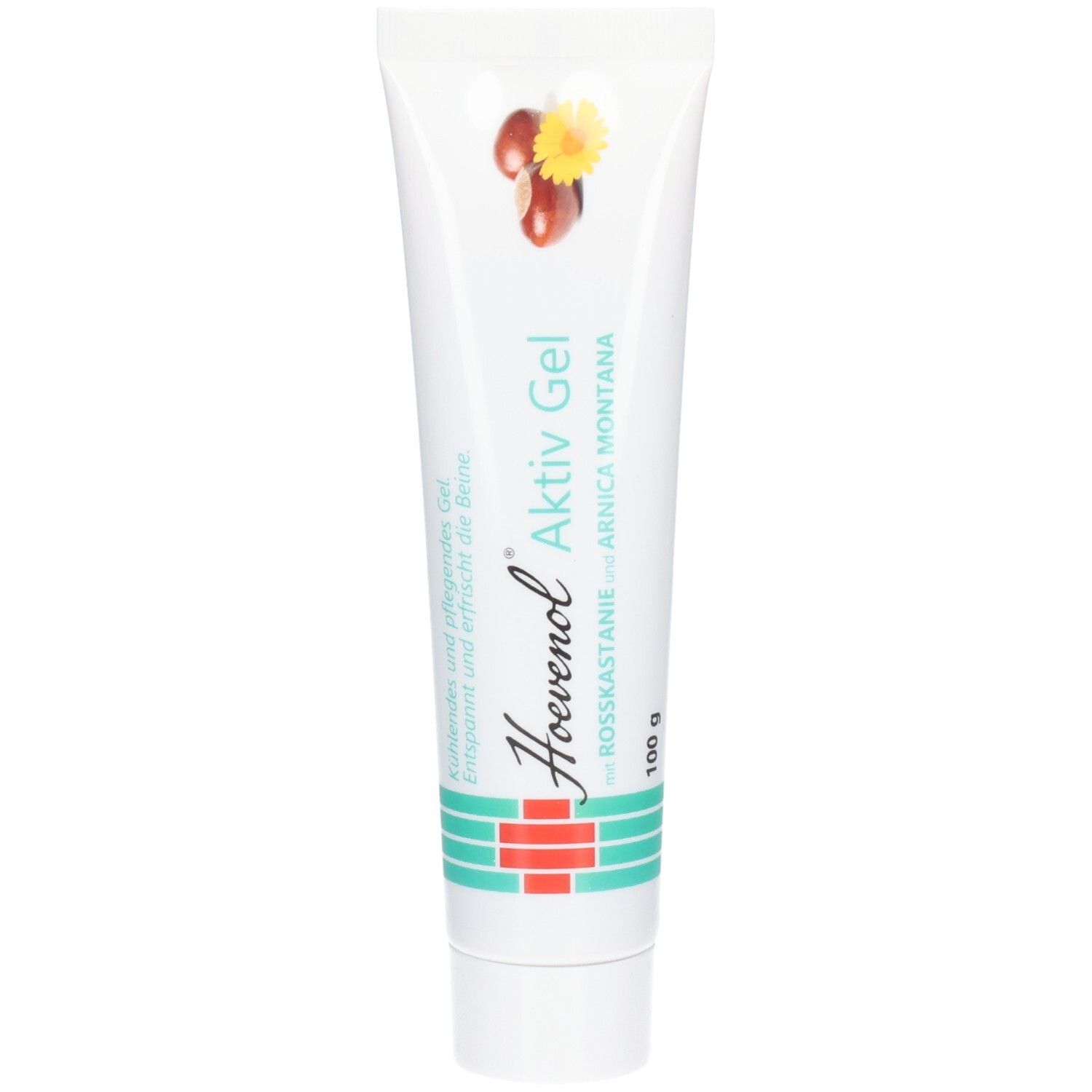 Tube Hoevenol Aktiv Gel mit Rosskastanie und Arnika Montana. Weiß, mit grünen und roten Akzenten. 100 g.