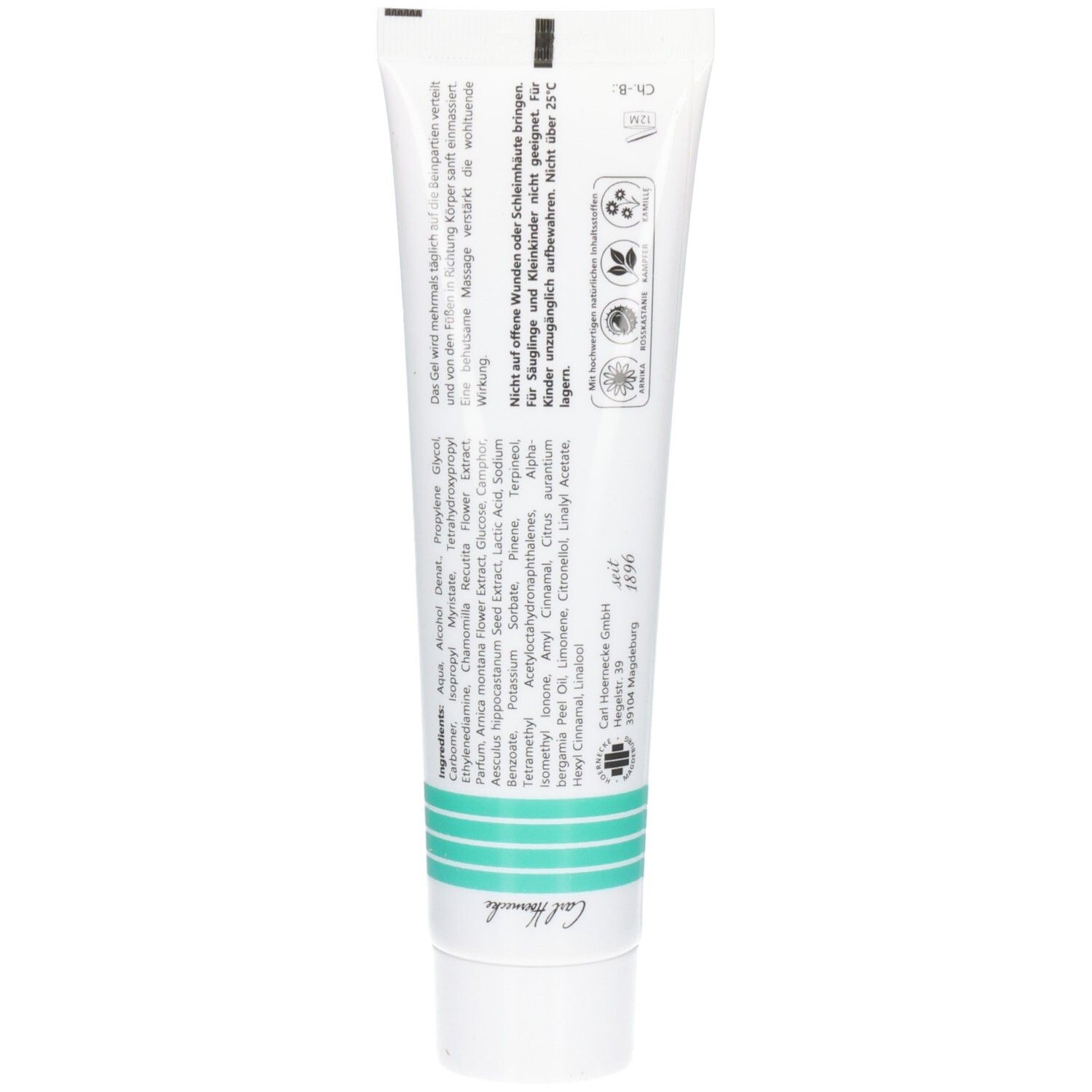 Rückseite der Tube Hoevenol Aktiv Gel. Enthält Informationen zu Inhaltsstoffen, Warnhinweisen und Zertifizierungen.