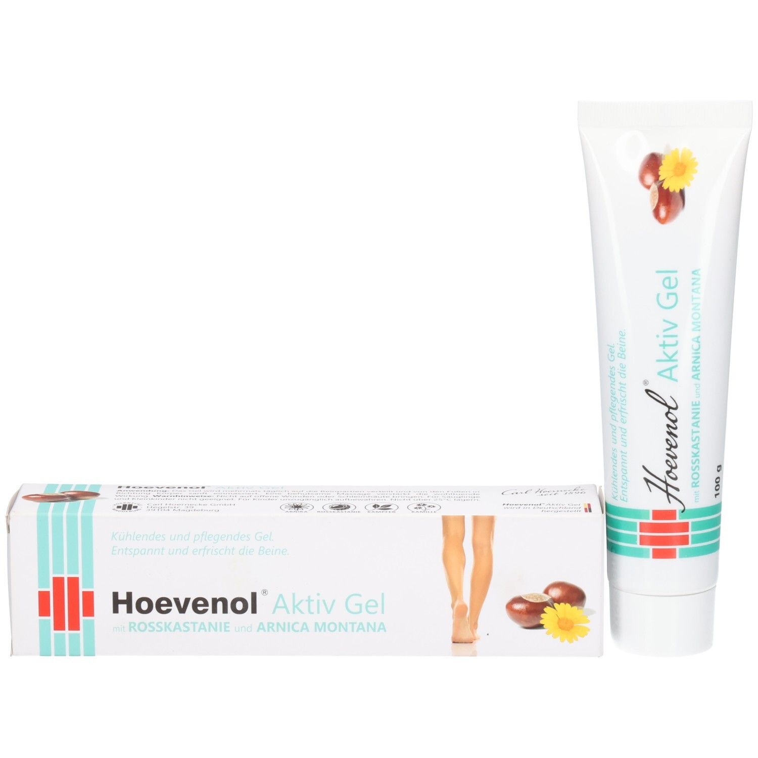 Hoevenol Aktiv Gel Tube und Schachtel. Schachtel mit Produktname, Bein-Illustration und Rosskastanien-Motiv.