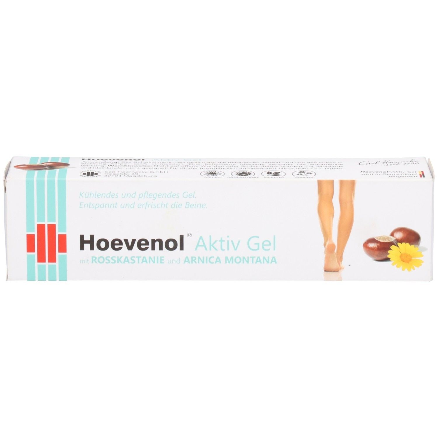 Schachtel Hoevenol Aktiv Gel. Produktname, Bein-Illustration und Rosskastanien-Motiv. Kühlendes und pflegendes Gel.