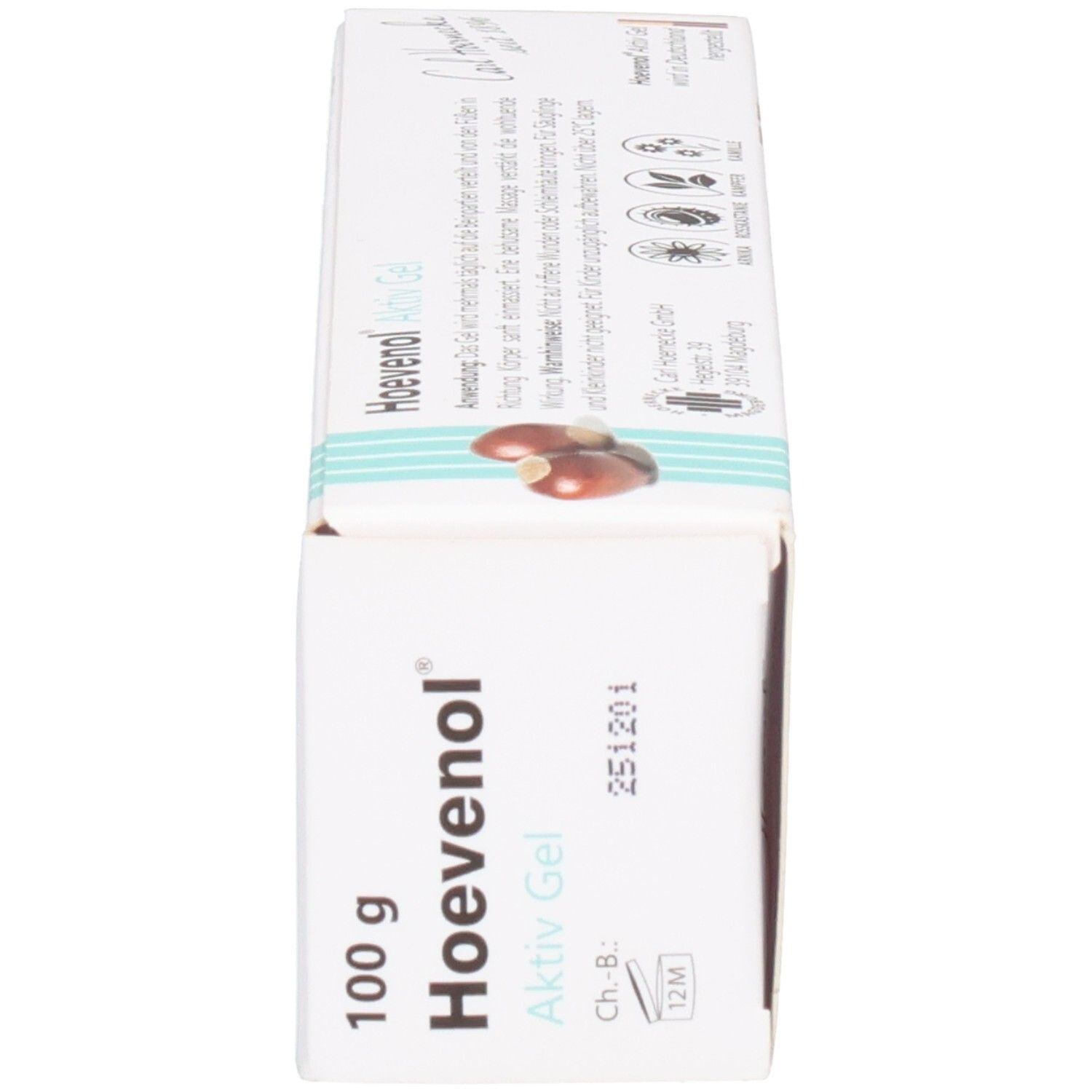 Seitenansicht der Schachtel Hoevenol Aktiv Gel. Produktname, 100 g, Chargennummer und Haltbarkeitsangabe.