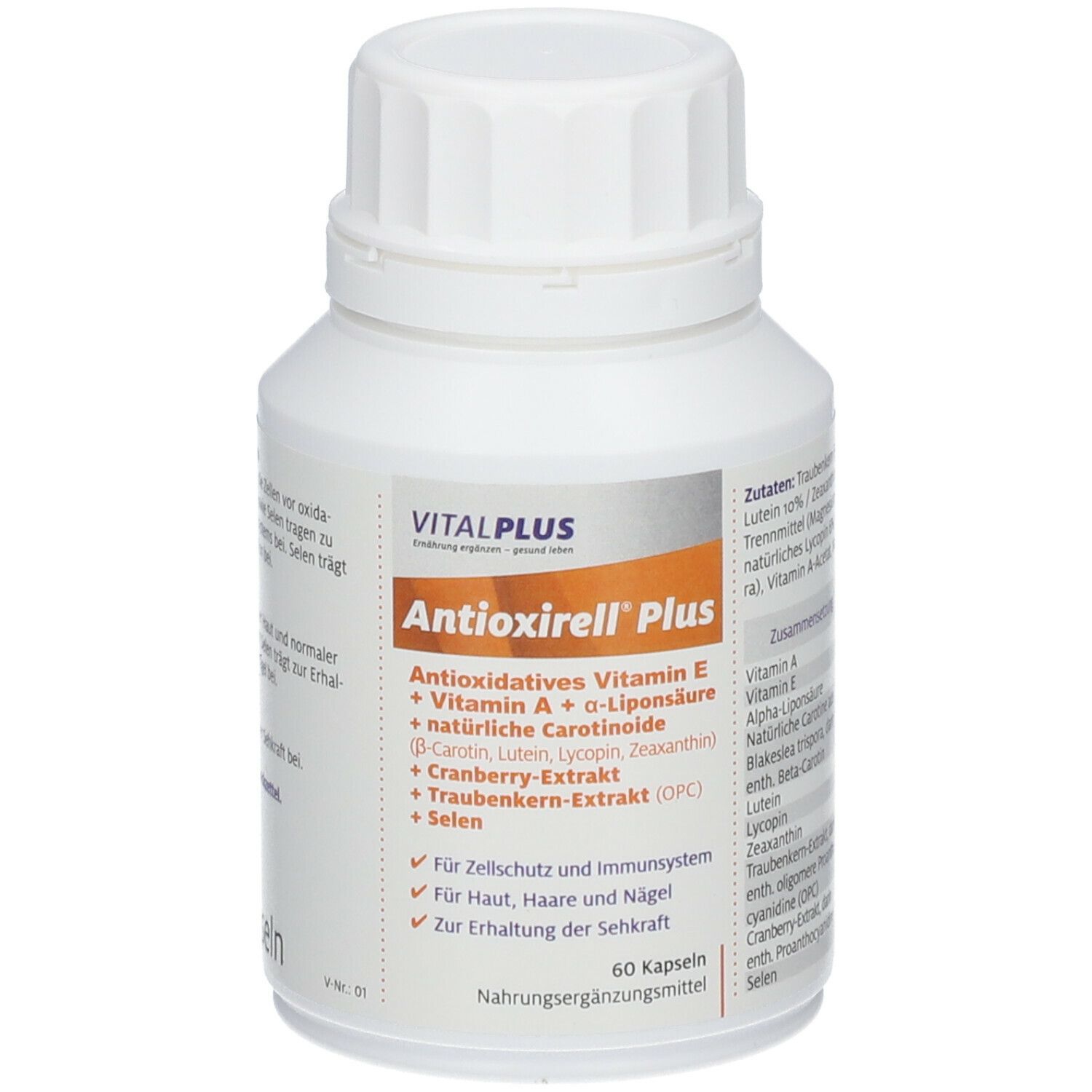 Weiße Flasche mit Kapseln. Aufschrift: Antioxirell Plus, Vitalplus. Enthält Vitamin E, A, Liponsäure, Carotinoide, Cranberry-Extrakt, Traubenkern-Extrakt, Selen.