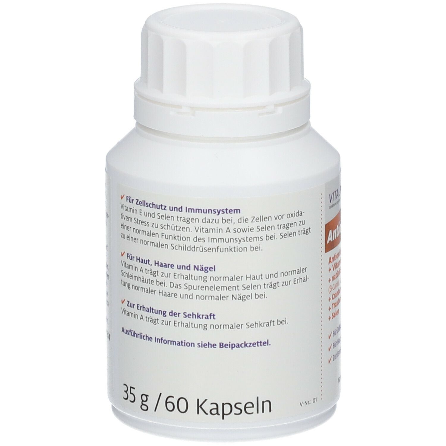 Weiße Flasche mit Kapseln. Rückseite mit Text. Enthält Informationen zu Vitamin E und Selen, Vitamin A und Selen. 35g/60 Kapseln.
