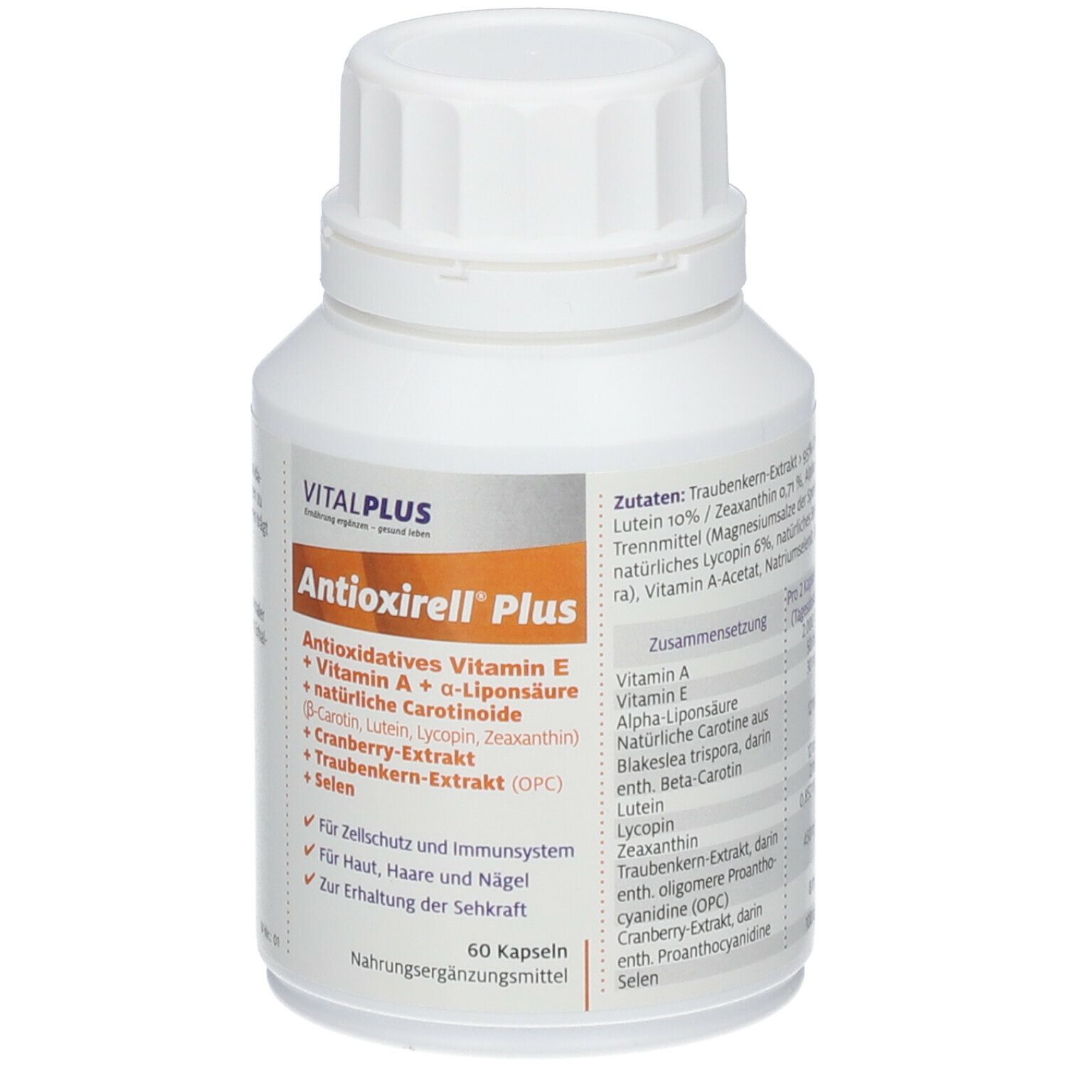 Weiße Flasche mit Kapseln. Aufschrift: Antioxirell Plus, Vitalplus. Enthält Vitamin E, A, Liponsäure, Carotinoide, Cranberry-Extrakt, Traubenkern-Extrakt, Selen. 60 Kapseln.