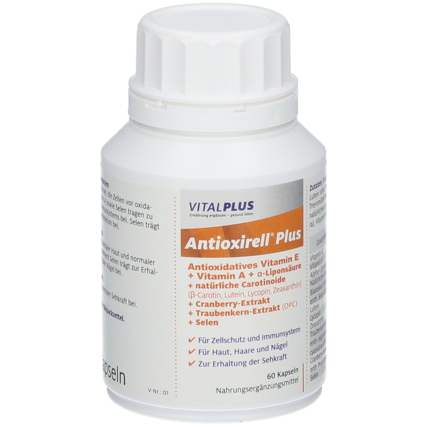 Weiße Flasche mit Kapseln. Aufschrift: Antioxirell Plus, Vitalplus. Enthält Vitamin E, A, Liponsäure, Carotinoide, Cranberry-Extrakt, Traubenkern-Extrakt, Selen. 60 Kapseln.