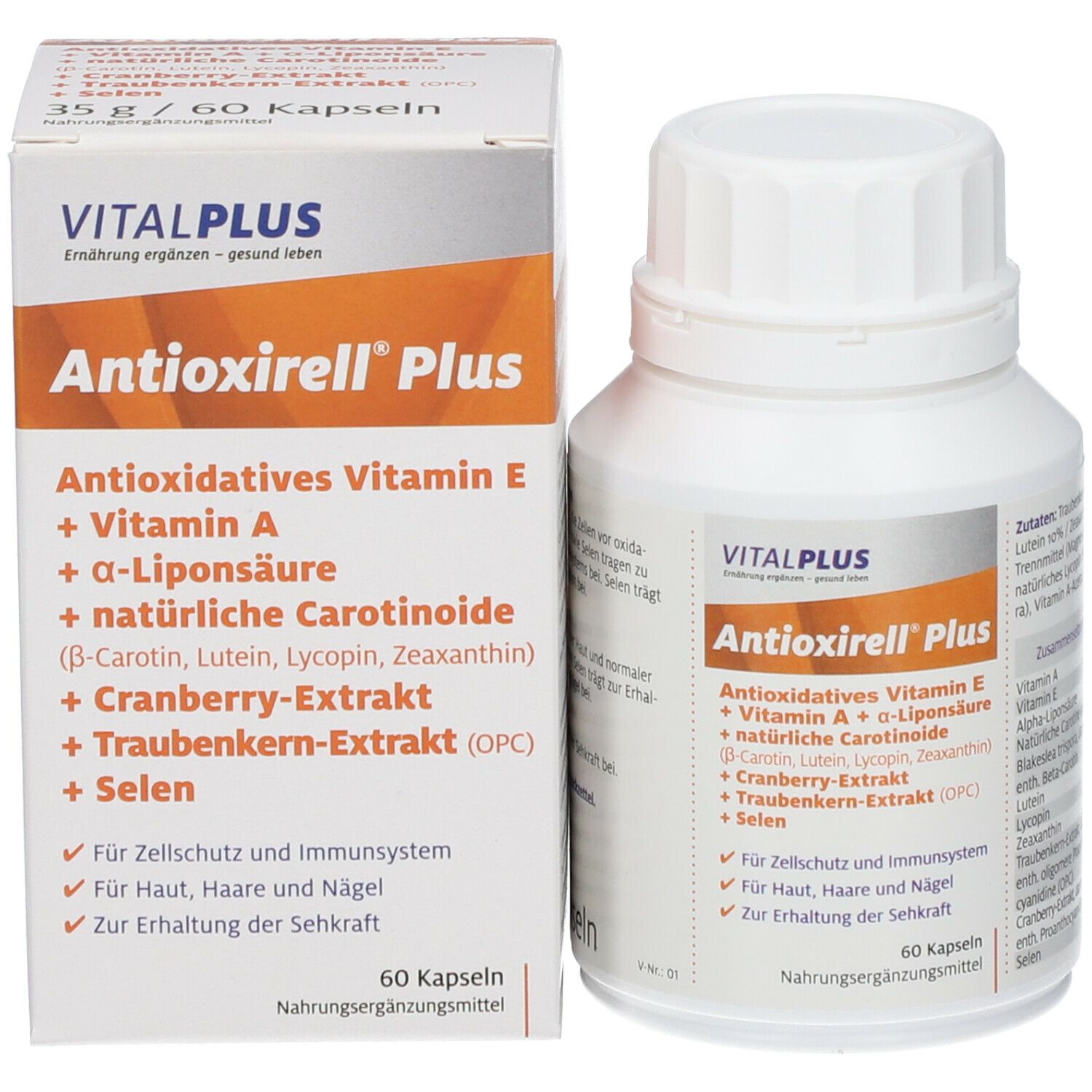 Produktverpackung und Flasche mit Kapseln. Aufschrift: Antioxirell Plus, Vitalplus. Enthält Vitamin E, A, Liponsäure, Carotinoide, Cranberry-Extrakt, Traubenkern-Extrakt, Selen. 60 Kapseln.