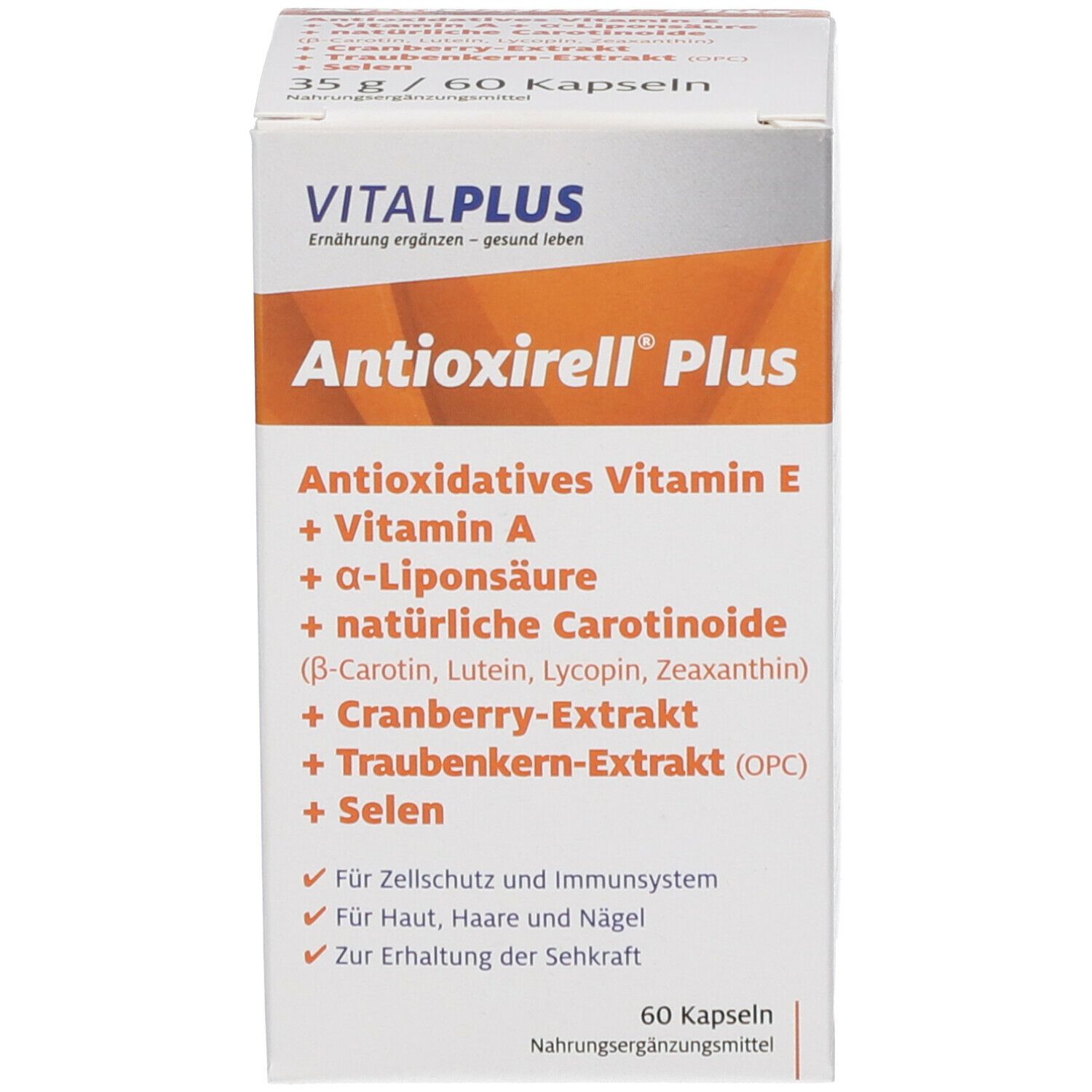 Produktverpackung. Aufschrift: Antioxirell Plus, Vitalplus. Enthält Vitamin E, A, Liponsäure, Carotinoide, Cranberry-Extrakt, Traubenkern-Extrakt, Selen. 60 Kapseln.