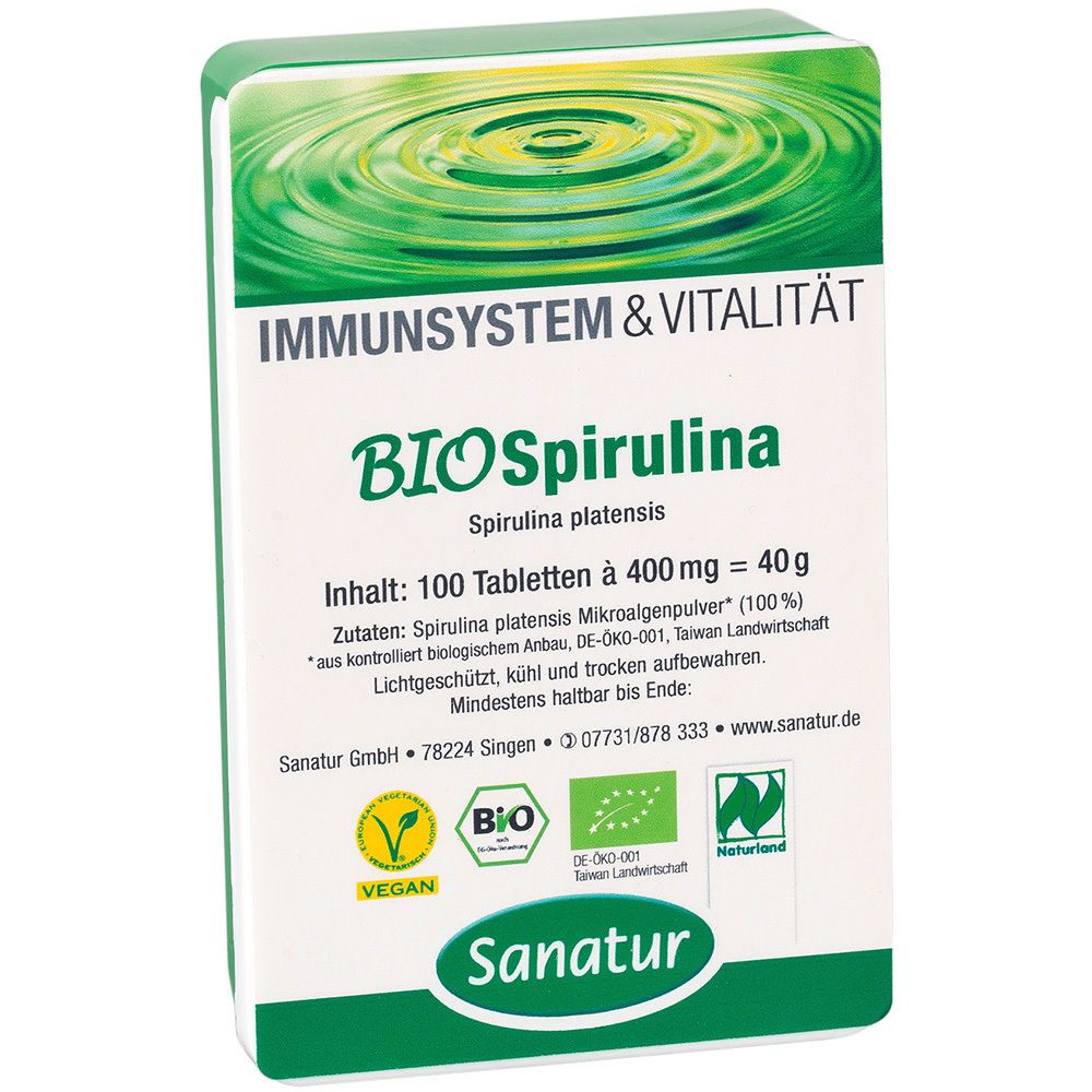Weiß-grüne Verpackung mit "BIO Spirulina" Schriftzug. Enthält 100 Tabletten. Vegan- und Bio-Siegel.