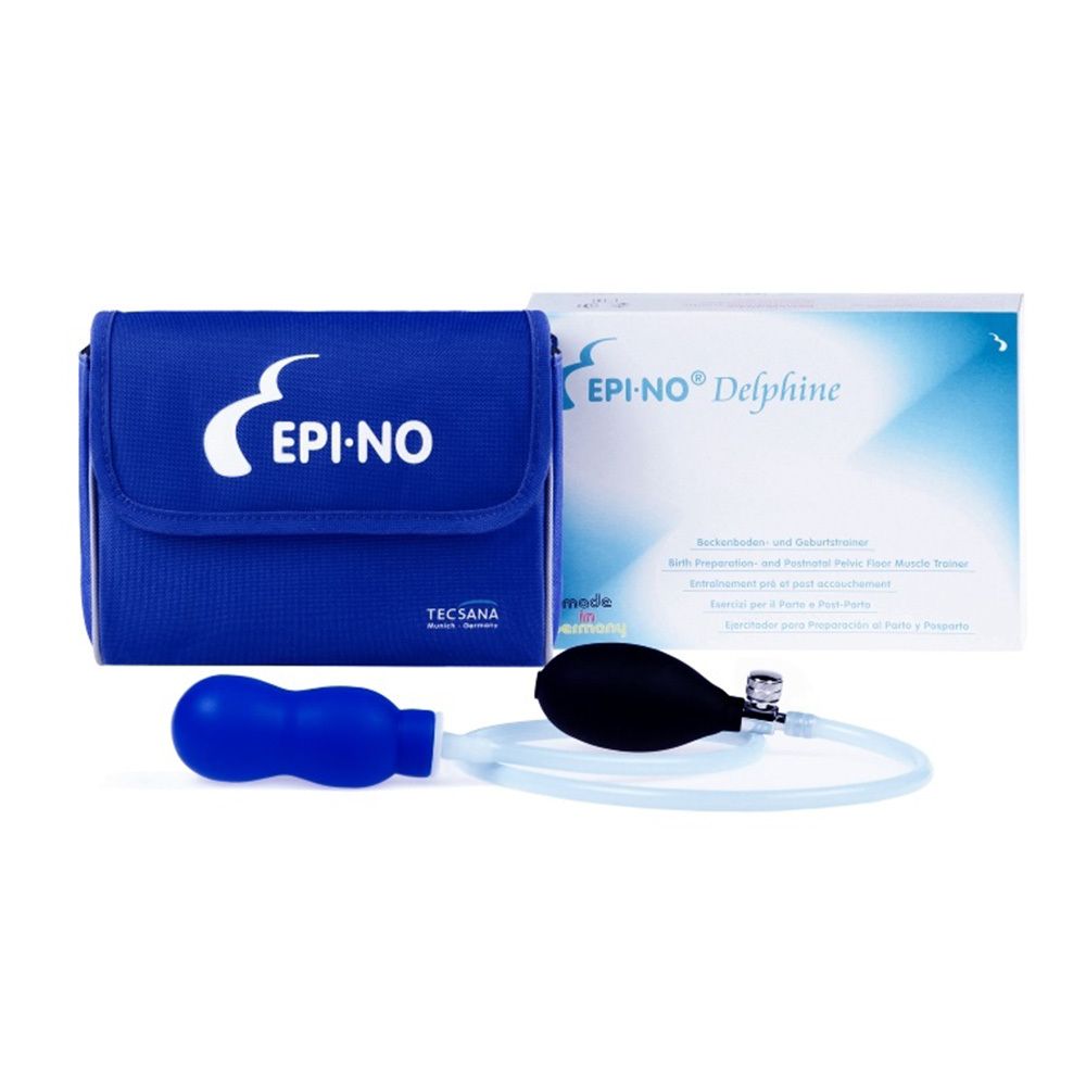 Blaues Etui und Verpackung mit EPI-NO® Delphine Plus. Enthält ein Messgerät, eine Pumpe und eine schwarze Birne.