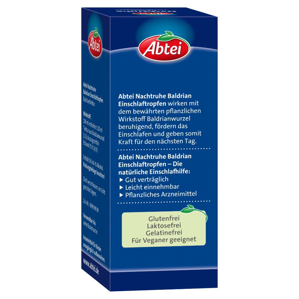 Blaue Schachtel, Text: Abtei Nachtruhe Baldrian Einschlaftropfen. Glutenfrei, laktosefrei, gelatinefrei, für Veganer geeignet. www.abtei.de