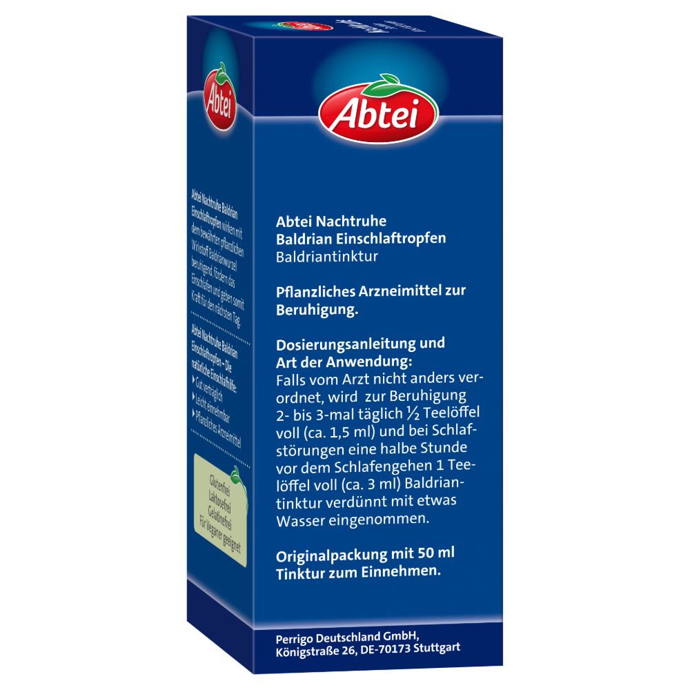 Blaue Schachtel, Text: Abtei Nachtruhe Baldrian Einschlaftropfen. Pflanzliches Arzneimittel. Dosierungsanleitung. 50 ml. Perigo Deutschland GmbH.