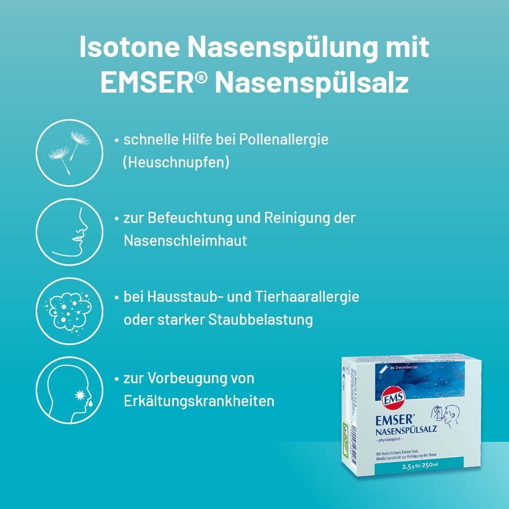 Text: Isotone Nasenspülung mit Emser Nasenspülsalz. Vorteile: Pollenallergie, Befeuchtung, Stauballergie, Erkältung.