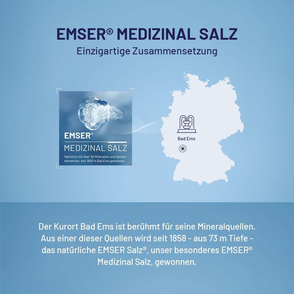 Emser Medizinal Salz. Text: Einzigartige Zusammensetzung. Karte von Bad Ems. Logo: EMSER Medizinal Salz.