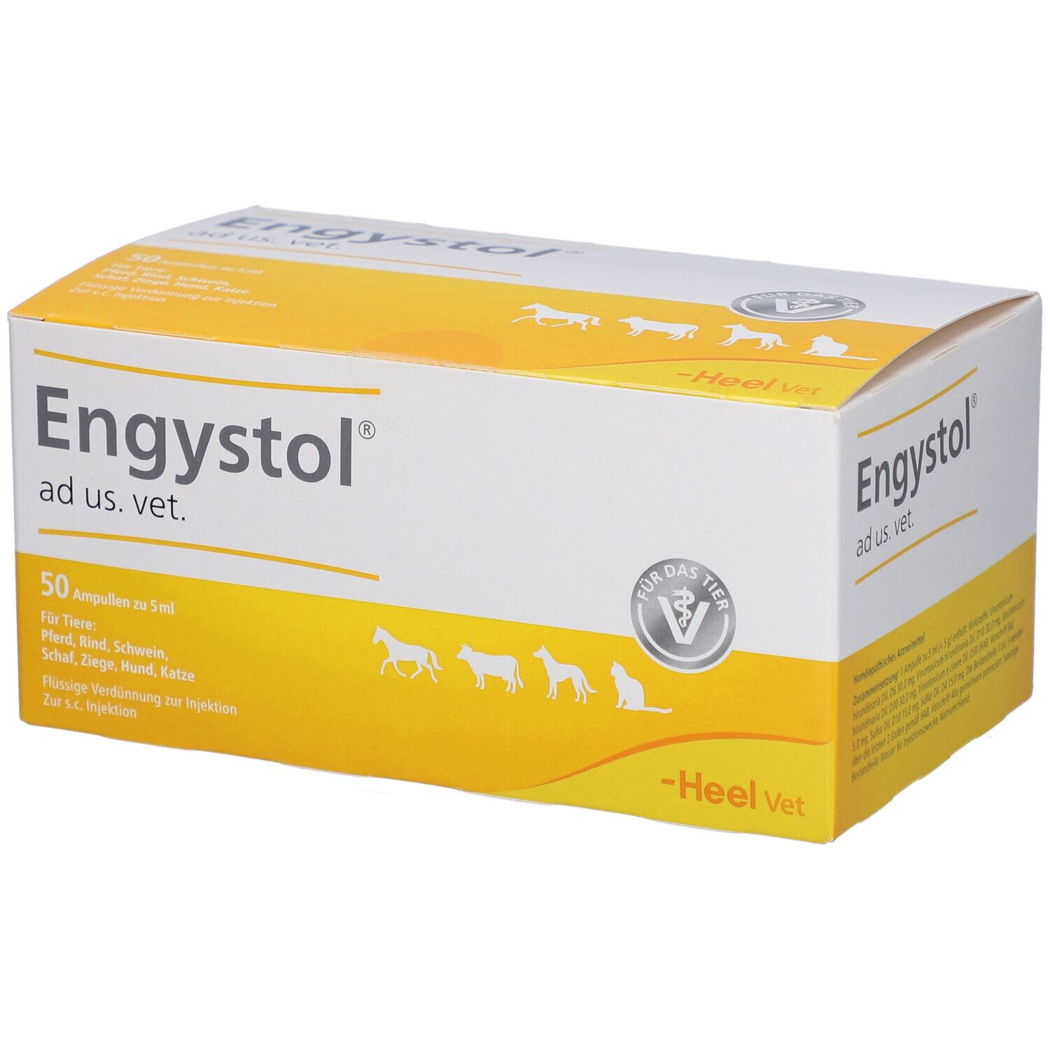 Karton mit "Engystol ad us. vet.". Enthält 50 Ampullen. Gelb-weiße Verpackung mit Tier-Silhouetten.