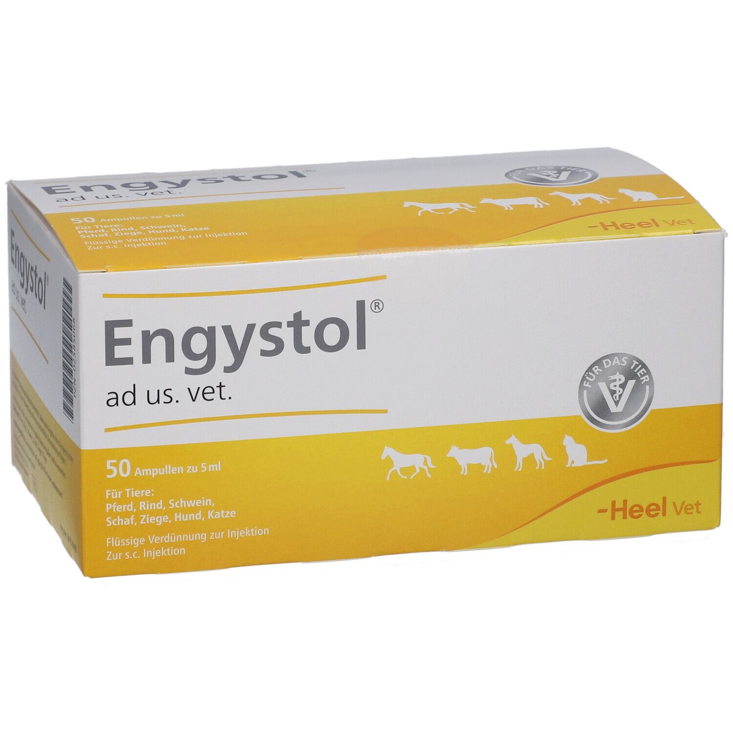 Karton "Engystol ad us. vet.". Enthält 50 Ampullen. Gelb-weiße Verpackung mit Tier-Silhouetten und Produktnamen.