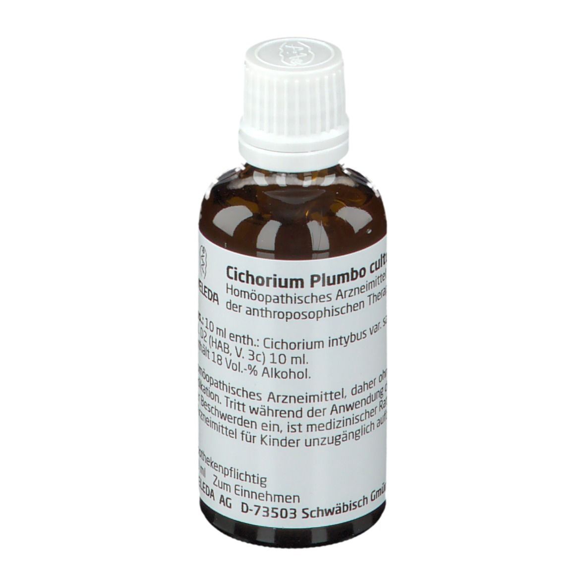 Braune Glasflasche mit weißem Verschluss. Etikett mit Produktnamen und Hersteller. Homöopathisches Arzneimittel.