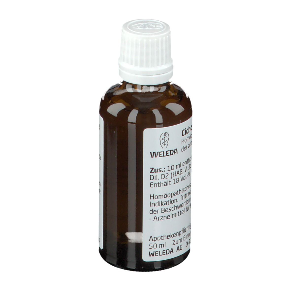 Braune Glasflasche mit weißem Verschluss. Etikett mit Produktnamen und Hersteller. Homöopathisches Arzneimittel.