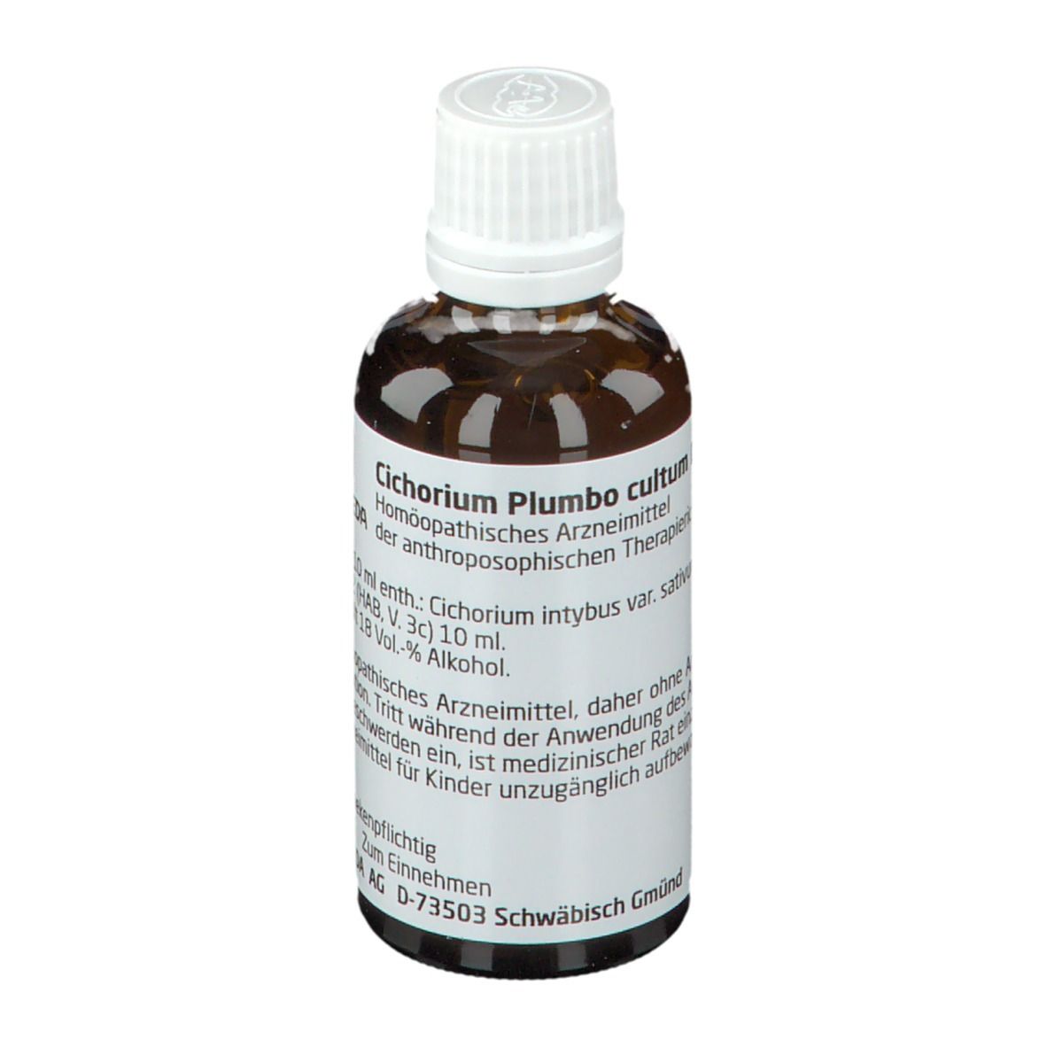 Braune Glasflasche mit weißem Verschluss. Etikett mit Produktnamen und Hersteller. Homöopathisches Arzneimittel.