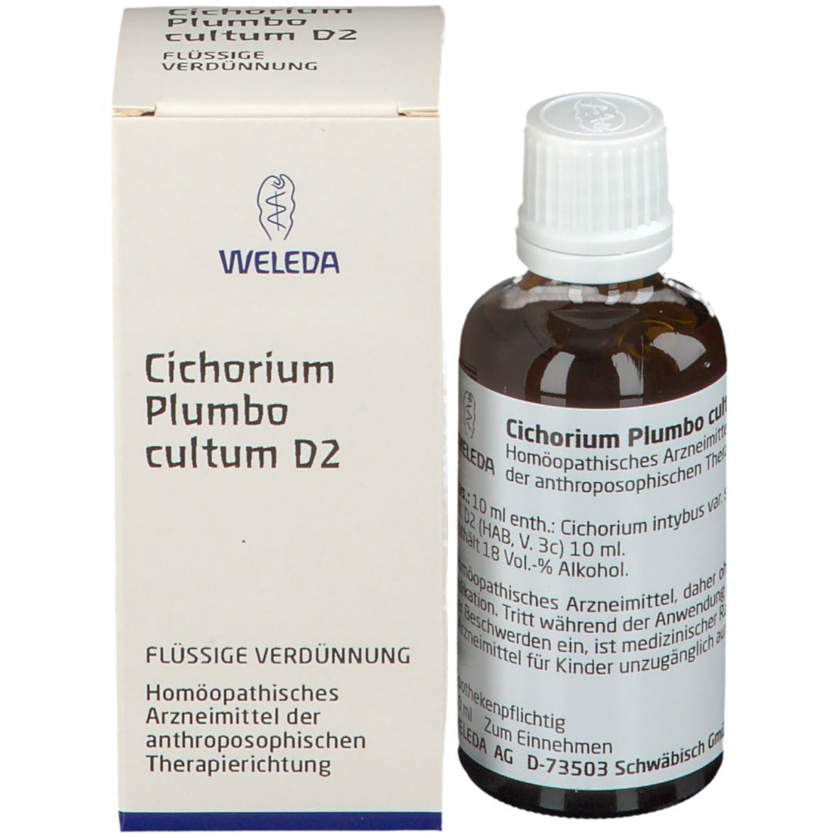 Produktflasche und Verpackung. Braune Flasche, weiße Verpackung. Produktname und Hersteller auf Etikett und Box.