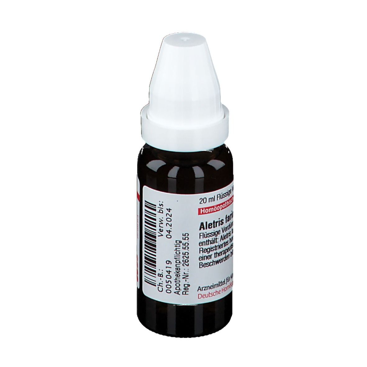 Braune Glasflasche mit weißem Verschluss. Etikett mit Text: Aletris farinosa D6. 20 ml. Apothekenpflichtig.