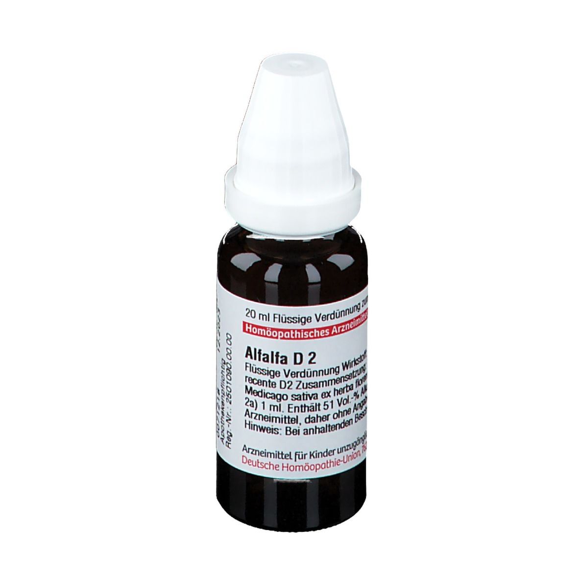 Braune Glasflasche mit weißem Verschluss. Etikett mit Produktinformationen. DHU Alfalfa D2, 20 ml.