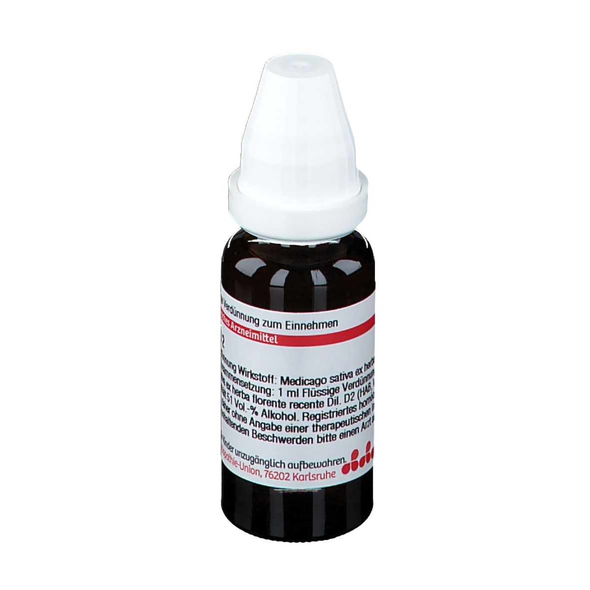 Braune Glasflasche mit weißem Verschluss. Etikett mit Produktinformationen. DHU Alfalfa D2, 20 ml.