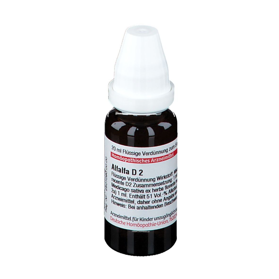 Braune Glasflasche mit weißem Verschluss. Etikett mit Produktinformationen. DHU Alfalfa D2, 20 ml.