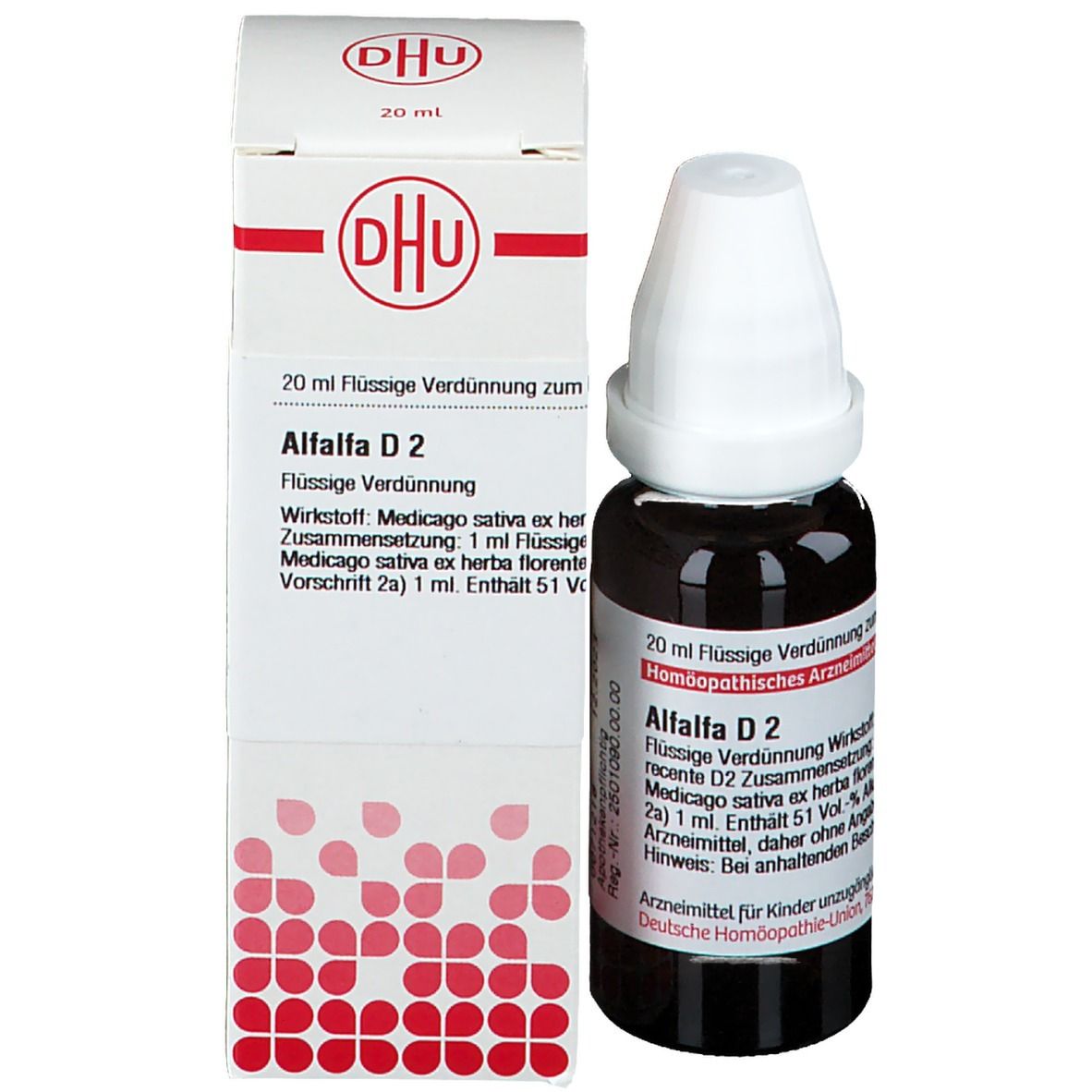 Braune Glasflasche mit weißem Verschluss und Karton. DHU Alfalfa D2, 20 ml. Karton mit Produktinformationen.