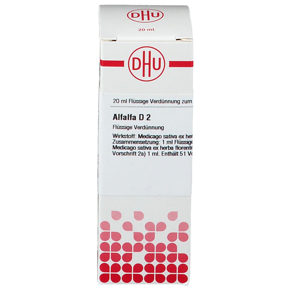 Karton mit Produktinformationen. DHU Alfalfa D2, 20 ml. Flasche mit weißem Verschluss.