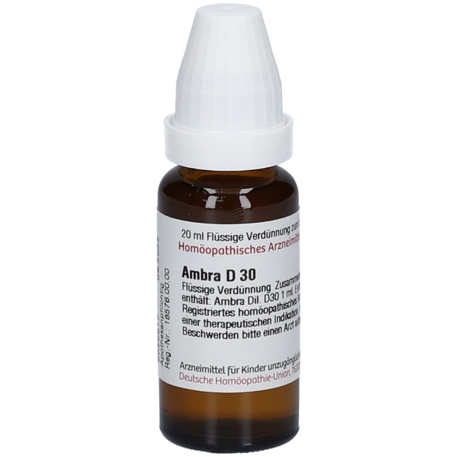 Braune Glasflasche mit weißem Verschluss. Beschriftung: Ambra D 30, 20 ml Flüssige Verdünnung. Homöopathisches Arzneimittel.