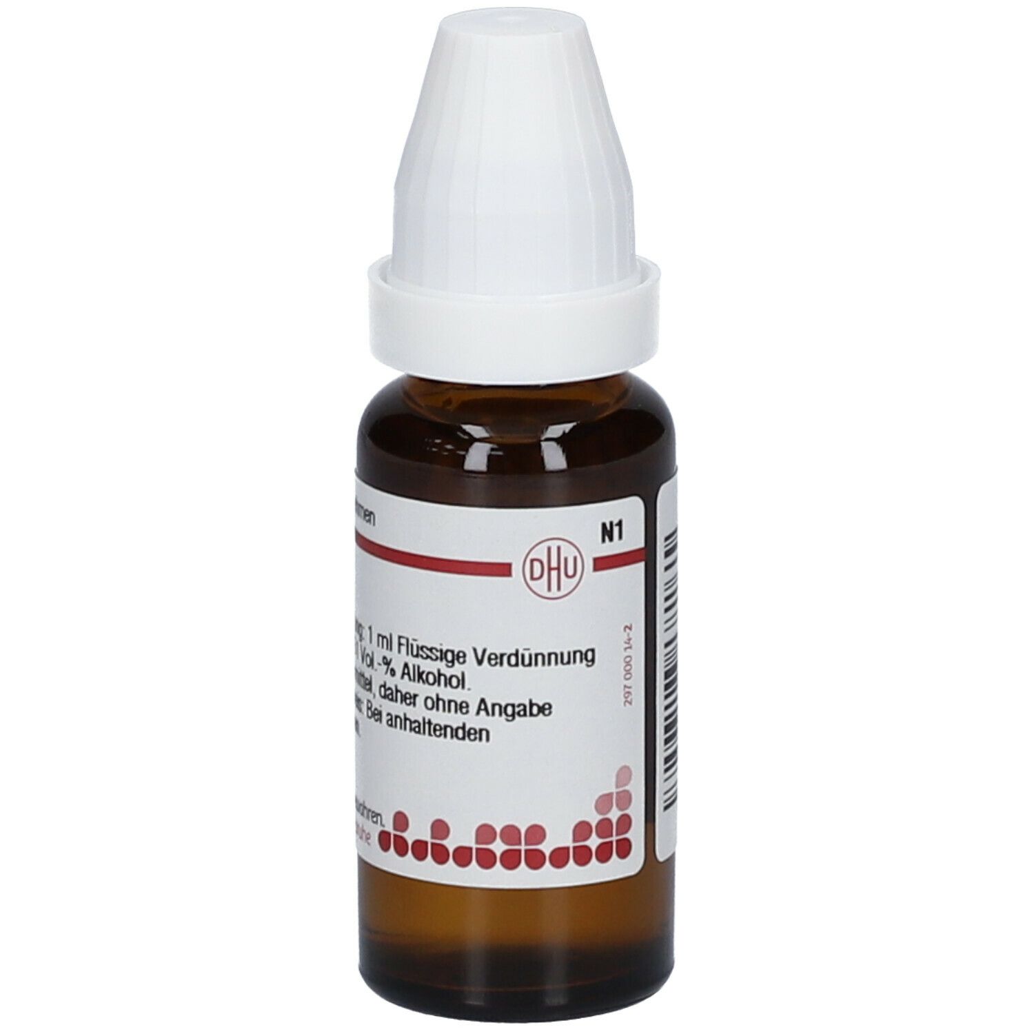 Braune Glasflasche mit weißem Verschluss. Beschriftung: DHU, Ambra D 30, 20 ml Flüssige Verdünnung. Homöopathisches Arzneimittel.