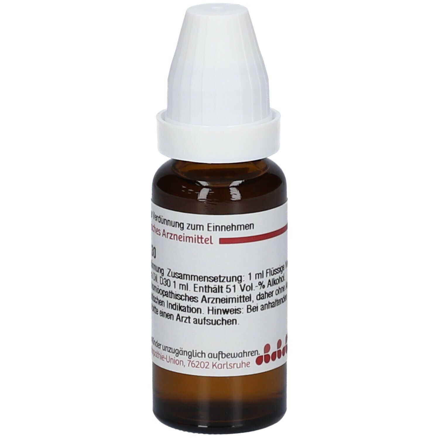 Braune Glasflasche mit weißem Verschluss. Beschriftung: Ambra D 30, 20 ml Flüssige Verdünnung. Homöopathisches Arzneimittel.