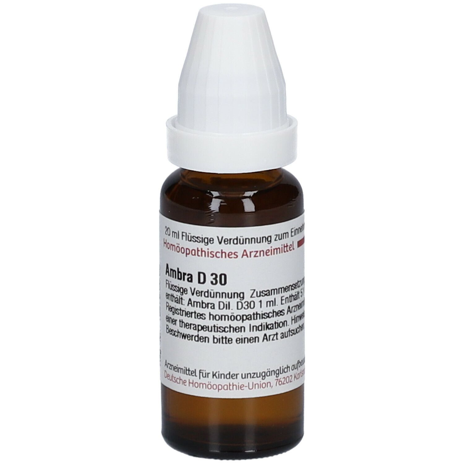 Braune Glasflasche mit weißem Verschluss. Beschriftung: Ambra D 30, 20 ml Flüssige Verdünnung. Homöopathisches Arzneimittel.