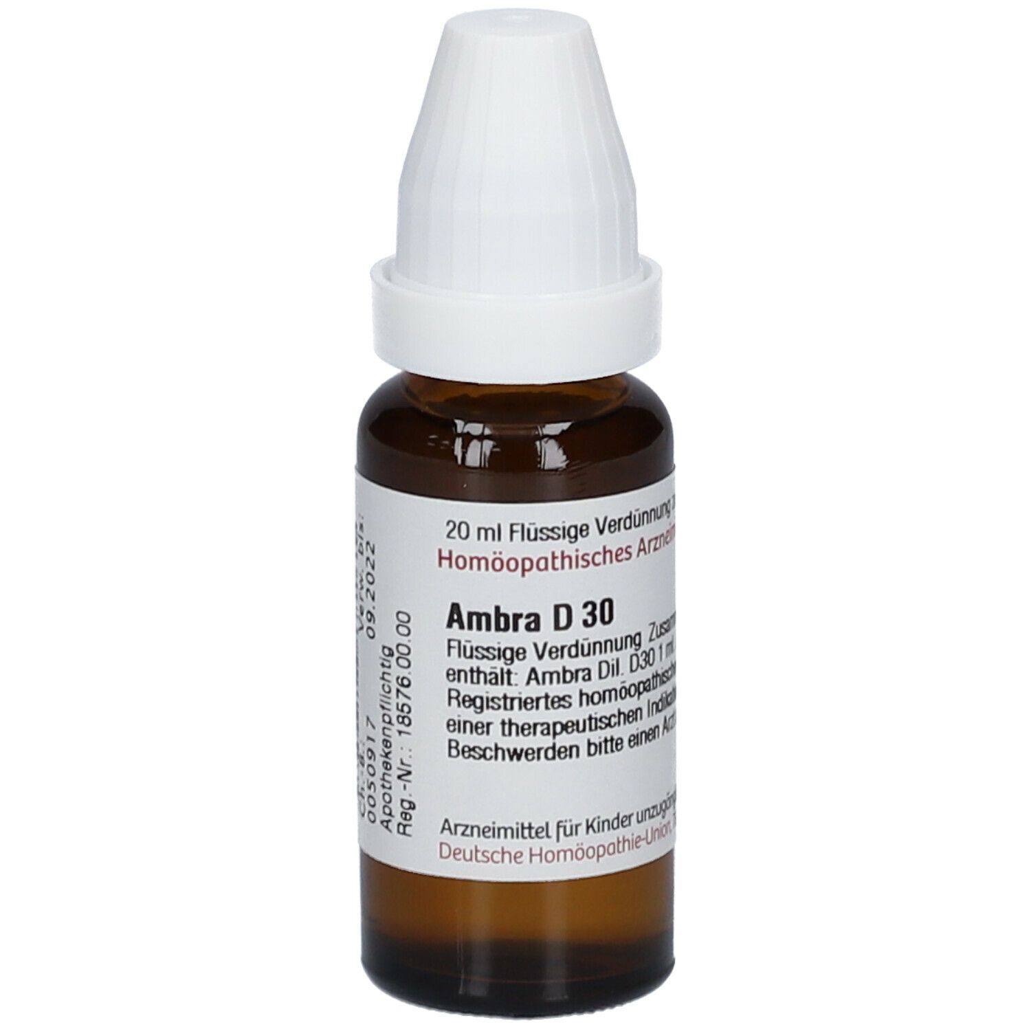Braune Glasflasche mit weißem Verschluss. Beschriftung: Ambra D 30, 20 ml Flüssige Verdünnung. Homöopathisches Arzneimittel.