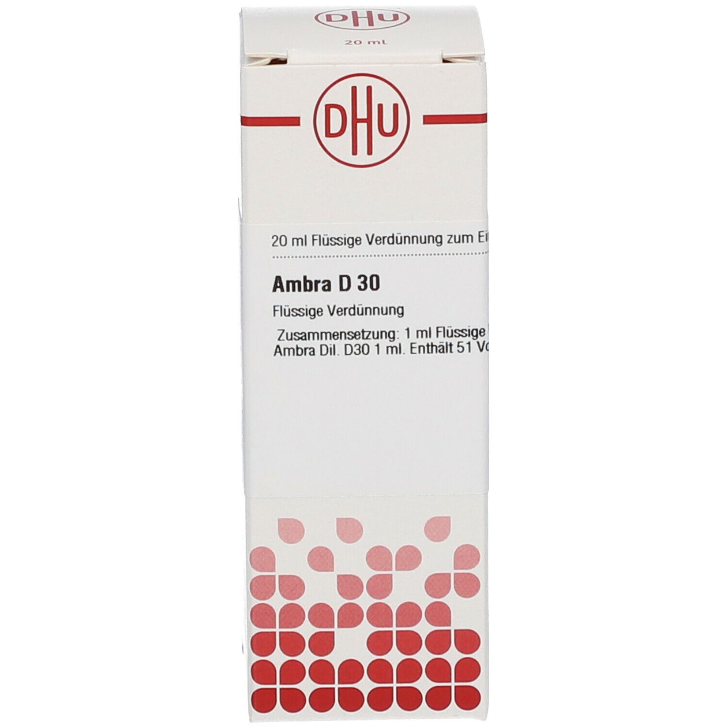 Verpackung mit DHU-Logo und Produktnamen Ambra D 30. Rote Punkte am unteren Rand. Text.