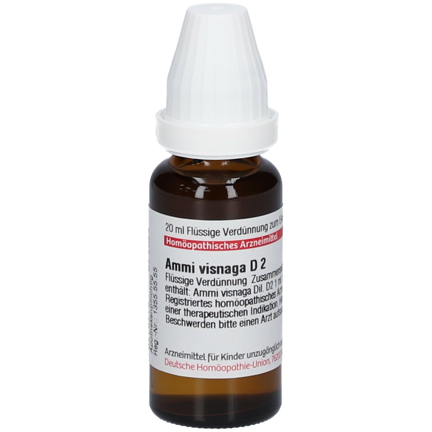 Braune Glasflasche mit weißem Verschluss. Etikett mit Produktinformationen. DHU Ammi visnaga D2.