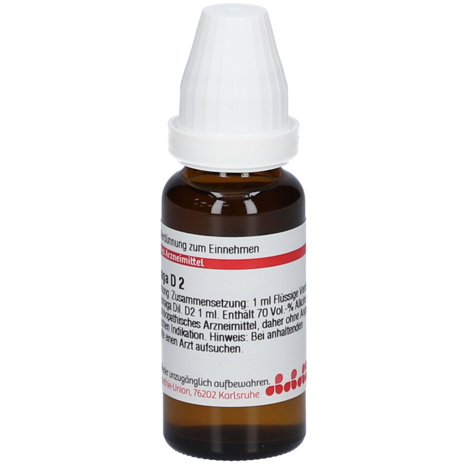 Braune Glasflasche mit weißem Verschluss. Etikett mit Produktinformationen. DHU Ammi visnaga D2.