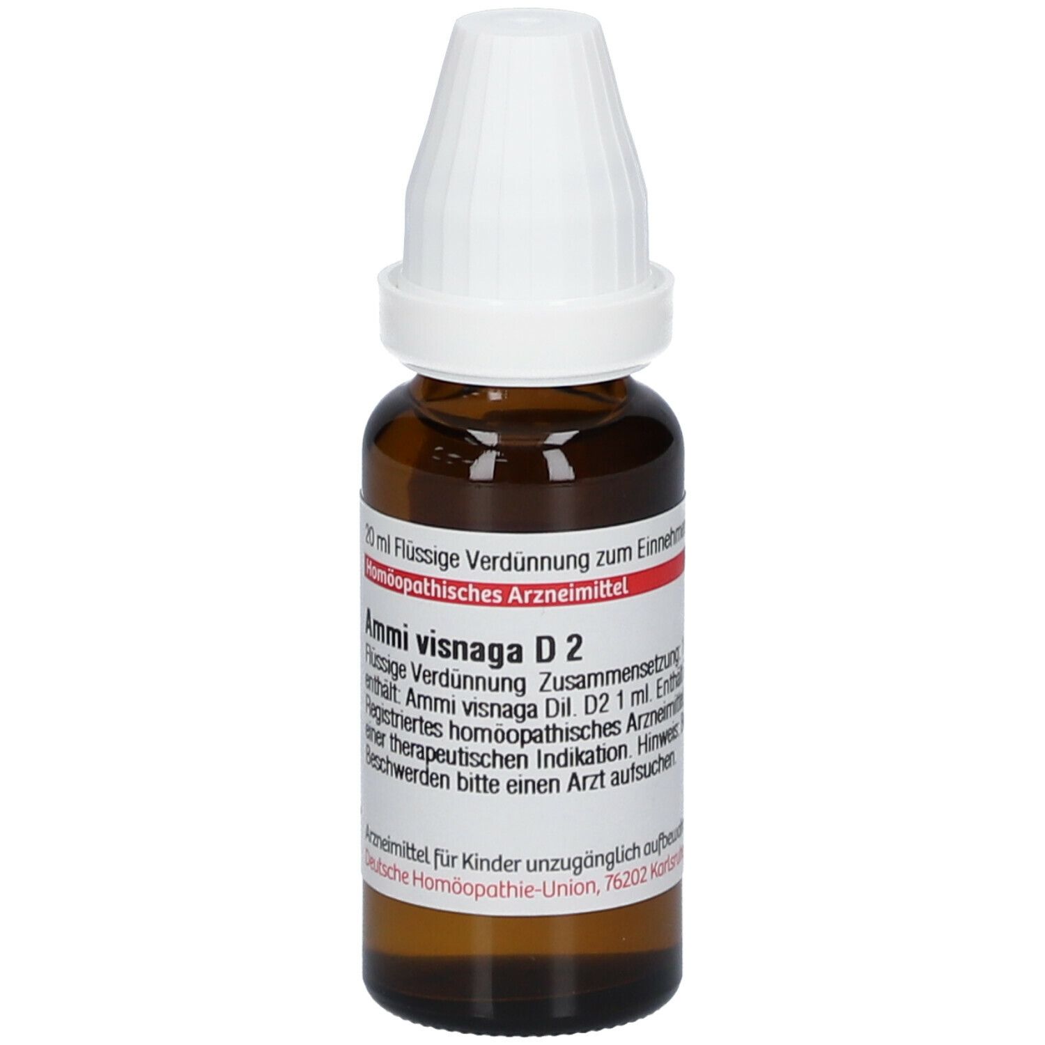 Braune Glasflasche mit weißem Verschluss. Etikett mit Produktinformationen. DHU Ammi visnaga D2.