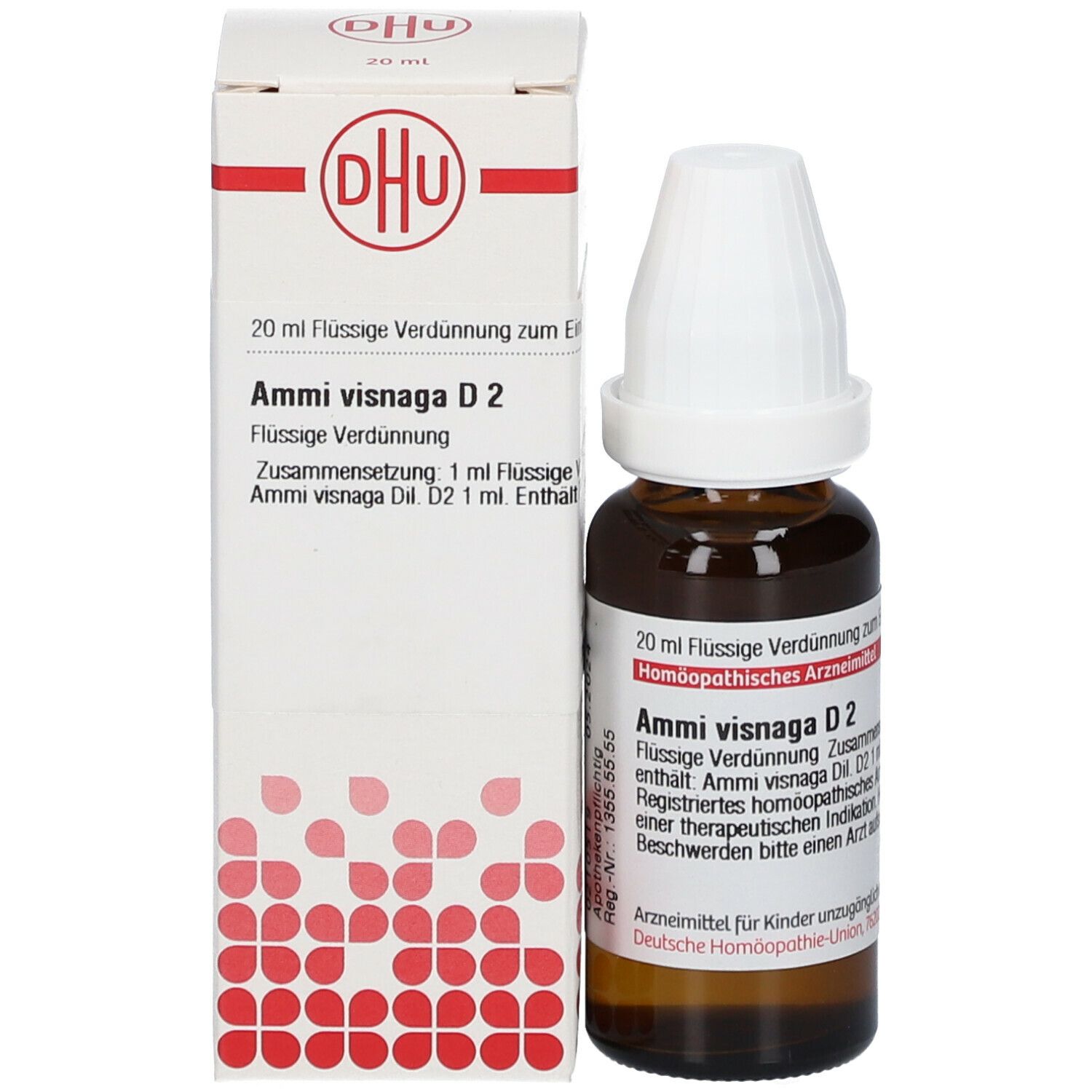 Braune Glasflasche und Verpackung. Verpackung mit DHU-Logo und Produktinformationen. Ammi visnaga D2.