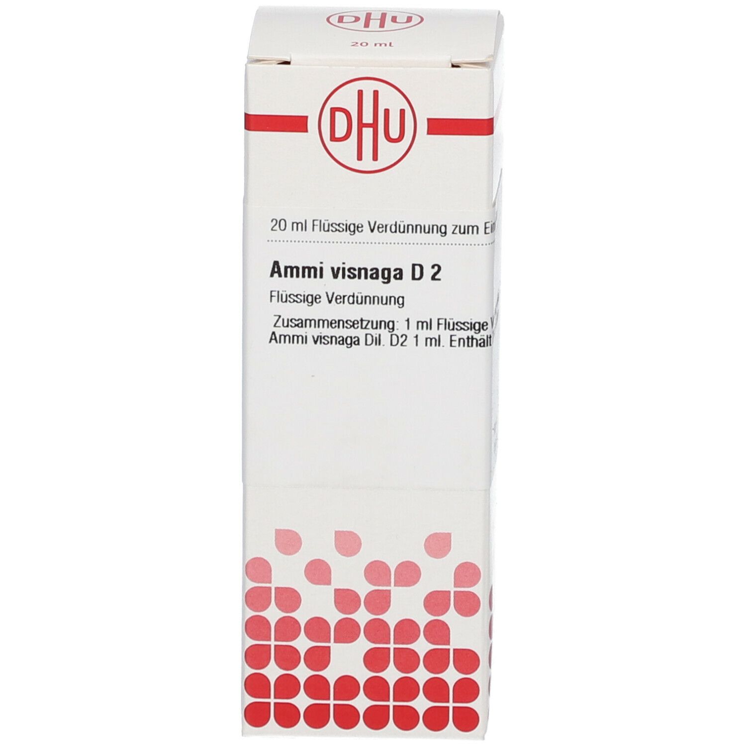 Verpackung mit DHU-Logo und Produktinformationen. Ammi visnaga D2. Weiße Verpackung.