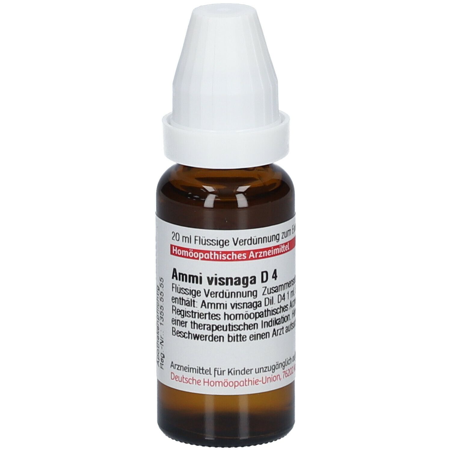 Braune Glasflasche mit weißem Verschluss. Etikett mit Produktnamen und Informationen. DHU Ammi visnaga D4.
