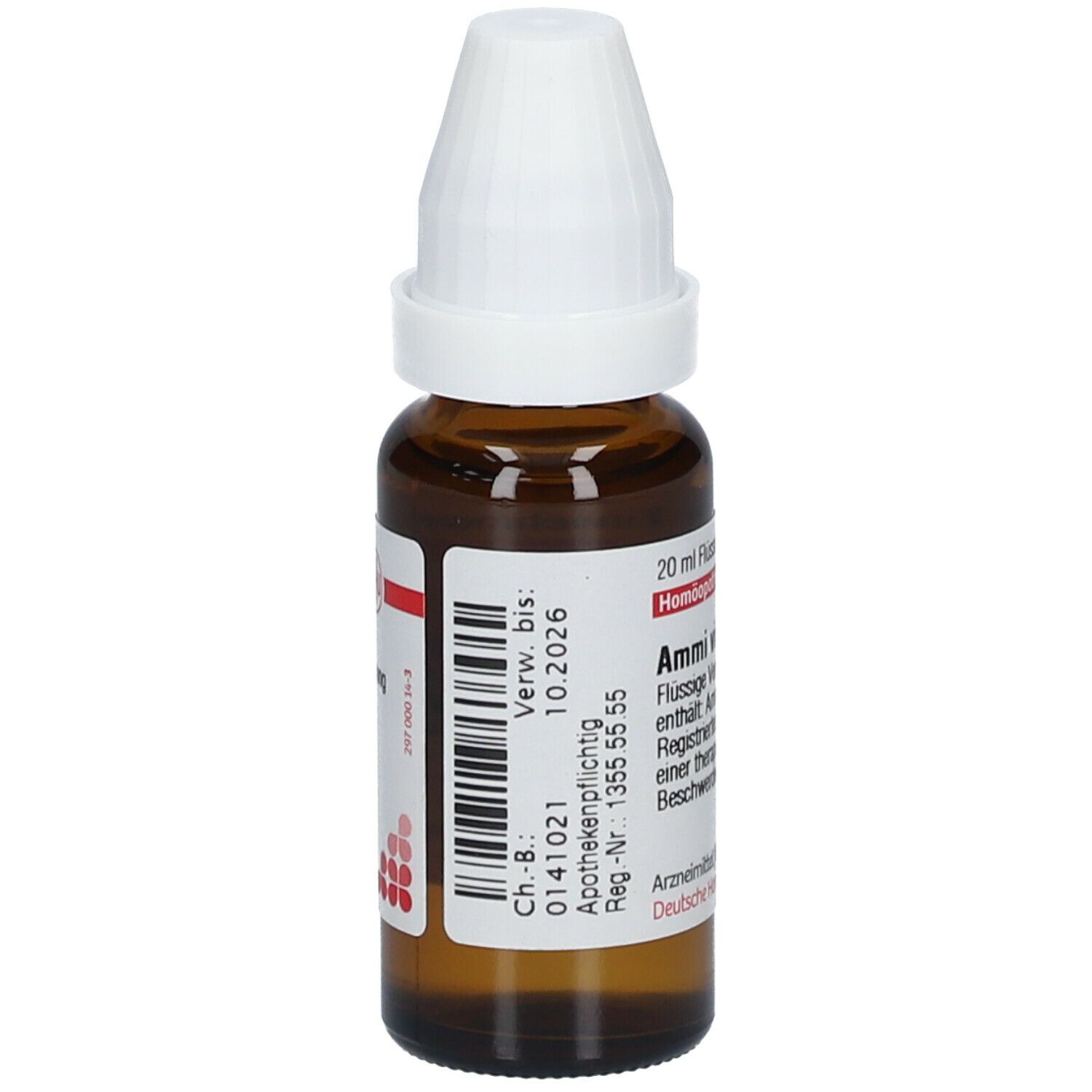 Braune Glasflasche mit weißem Verschluss. Etikett mit Produktinformationen und Chargennummer. DHU Ammi visnaga D4.