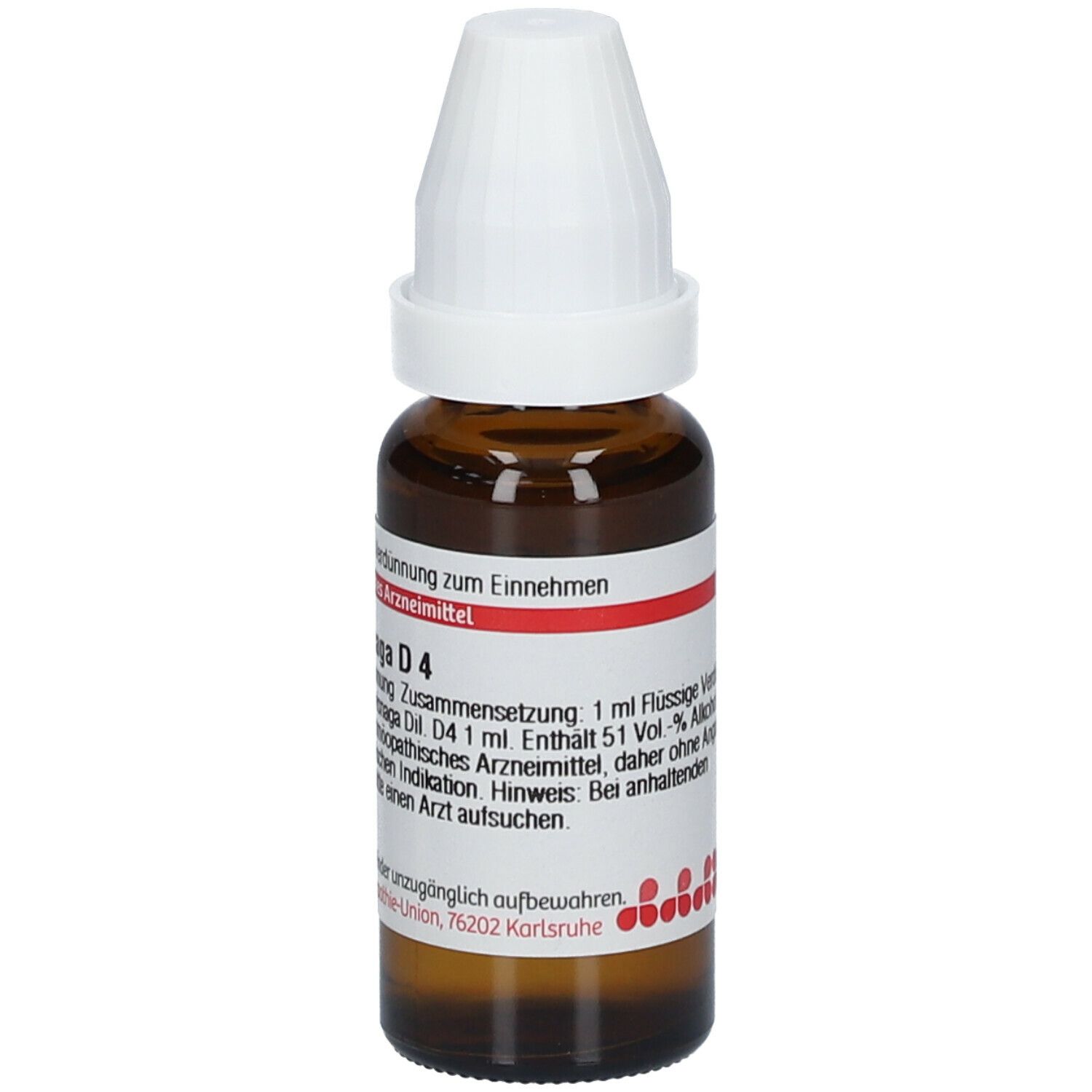 Braune Glasflasche mit weißem Verschluss. Etikett mit Produktinformationen. DHU Ammi visnaga D4.
