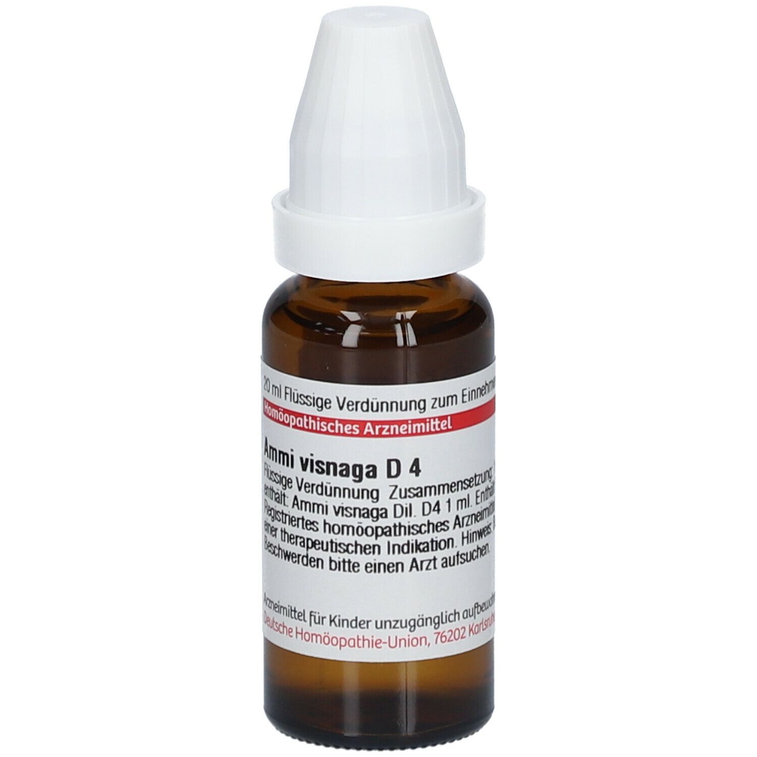 Braune Glasflasche mit weißem Verschluss. Etikett mit Produktinformationen. DHU Ammi visnaga D4.