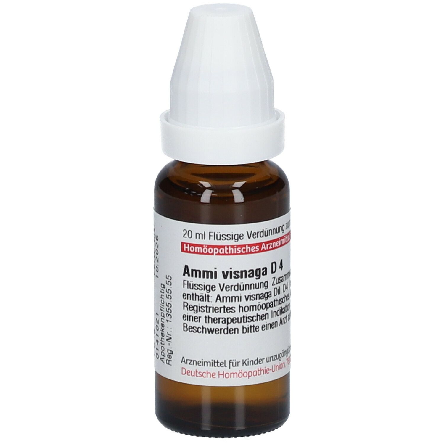 Braune Glasflasche mit weißem Verschluss. Etikett mit Produktinformationen und Verfallsdatum. DHU Ammi visnaga D4.