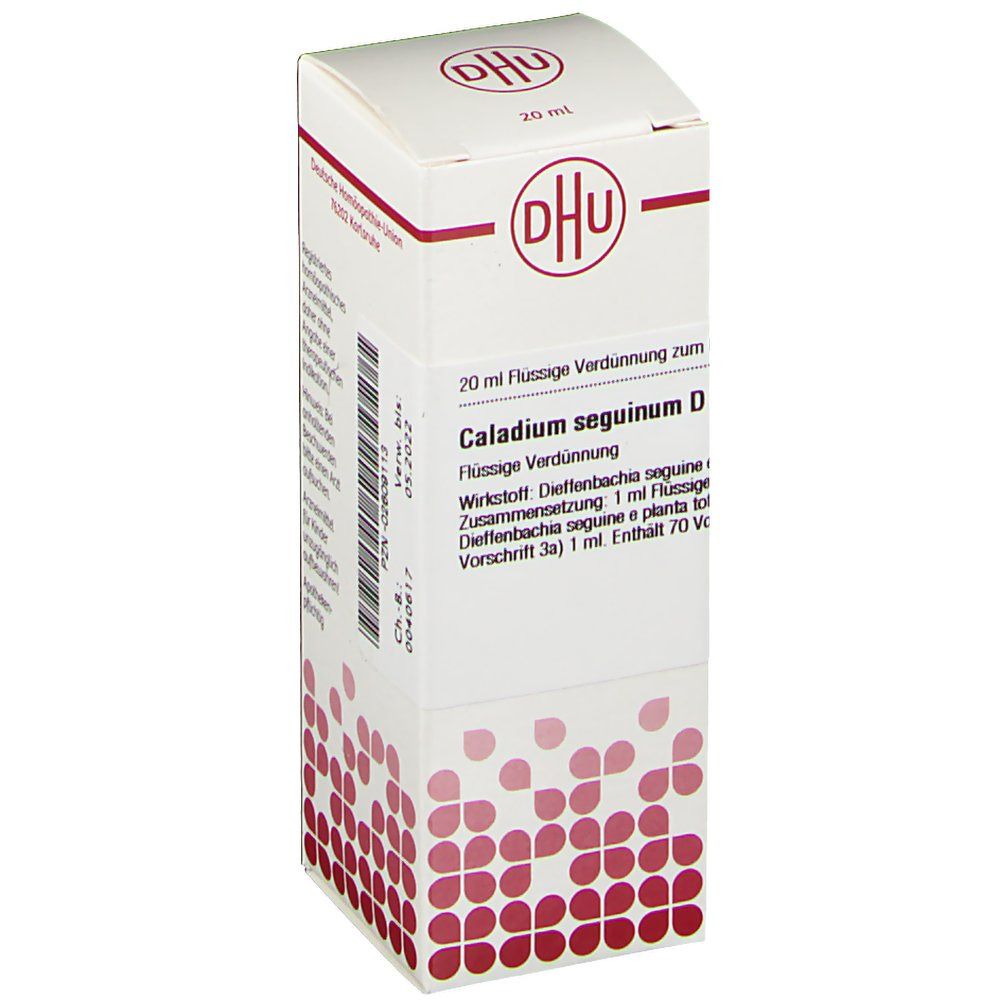 DHU-Verpackung mit Produktinformationen. Aufschrift: Caladium seguinum D3, 20 ml flüssige Verdünnung.