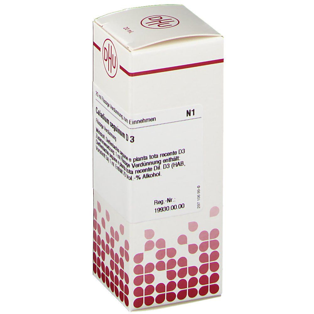 DHU-Verpackung mit Produktinformationen. Aufschrift: Caladium seguinum D3, N1. Enthält Alkohol.